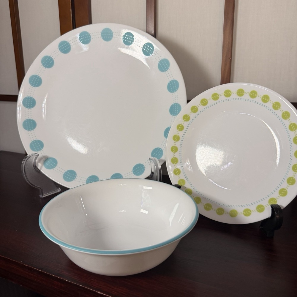Corelle South Beach 6 Place Setting Lot Bowls Plates Salad Plates MCM Blue Green